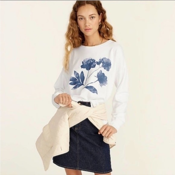 J. Crew Tops - NWT TJ. Crew University White Terry Crewneck Sweatshirt With Blue Ink Floral L